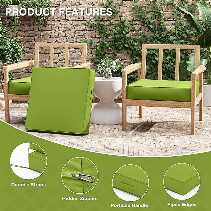 Patio Chair Cushions 24 X 24 X 5 Inch Waterproof Outdoor Seat Cushions for Patio Furniture, Outdoor Sofa Couch Pads with Ties & Handle, Set of 2, Grass Green