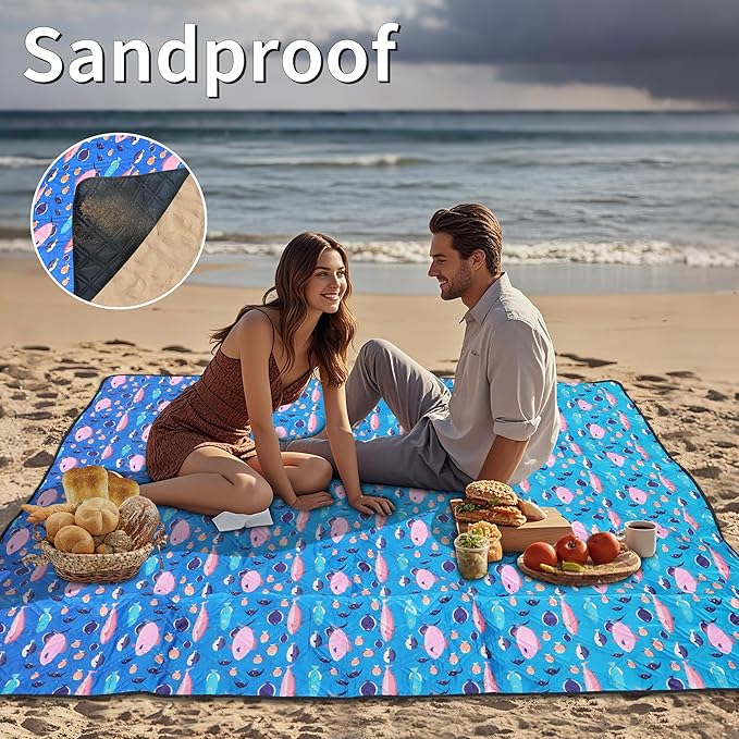 Outdoor Picnic Blanket Blue Ocean 80"x80" Oversize Sandproof Beach Blanket Waterproof Picnic Blankets Foldable for Caming, Beach, Outdoor Activities.