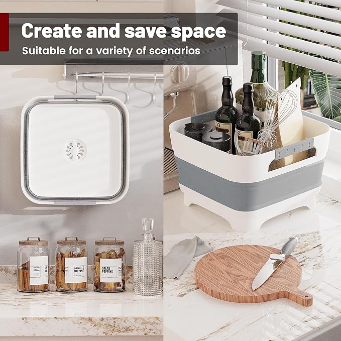 Collapsible Dish Basin with Drain Plug, 9L(2.4Gal) Capacity, Space Saving Portable Sink for Baby bottle, Kitchen, Camping& RV, Gray