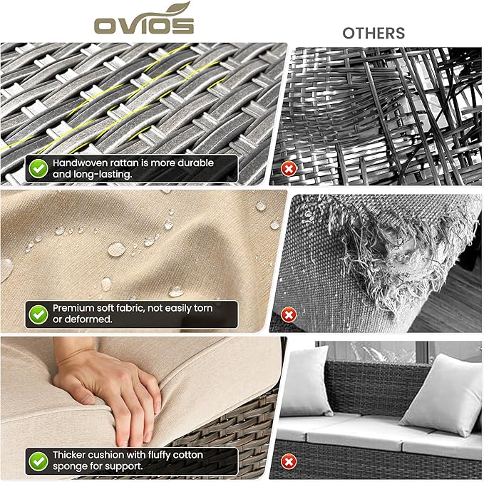 ovios 5 Pieces Patio Furniture Set with 42" Fire Pit Table, Outdoor Wicker Sofa with Loveseat, Comfy Cushions, High Back Couch Conversation Set, Brown Rattan, Beige