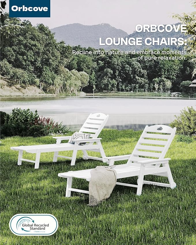 Outdoor Lounge Chair with Cup Holder, Outdoor Chaise Lounge with 6-Position Adjustable Backrest, HDPE Lounge Chair for Poolside, Patio, Deck & Backyard, Chaise Lounge (White, 2)