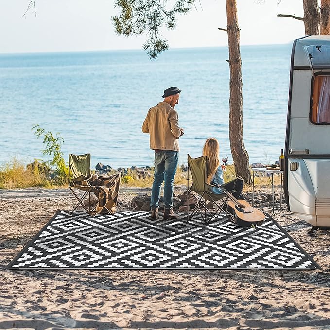 GENIMO Outdoor Rugs 8x10 Waterproof, Reversible Mats, Area Plastic Straw Rug, Outside Carpet, Geometric Rv Mat for Patio Camping Picnic Backyard Deck Balcony Porch Beach Trailer (Black & White)