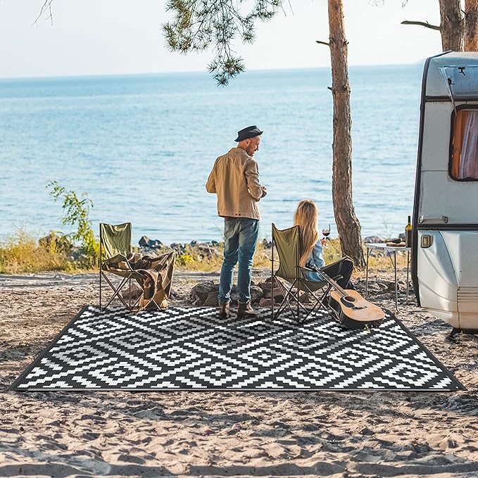 GENIMO Outdoor Rug for Patio Clearance,6'x9' Waterproof Mat,Reversible Plastic Camping Rugs,Rv,Deck,Porch,Camper,Balcony,Backyard,Black & White