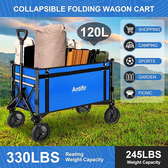 Collapsible Wagon Carts,Folding Wagon Cart with All Terrain Wheels,Heavy Duty Garden Carts with Adjustable Handle,Outdoor Utility Wagon for Camping Shopping Sports Fishing（Blue）