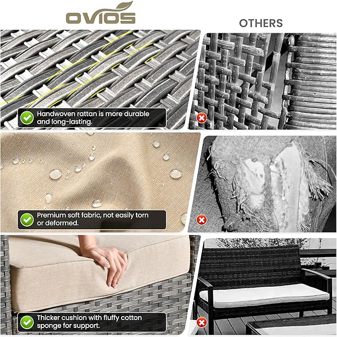 ovios 6 Pieces Patio Furniture Set with 30" Fire Pit Table, Outdoor Wicker Sofa with Comfy Cushions, All Weather High Back Rattan Couch Conversation Set, Beige