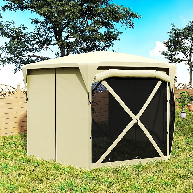 Outsunny Pop Up Gazebo Screen Tent House, 11 x 11ft with UPF30+ Removable Roof Cover, 4 Roll-up Wind Panels and Carry Bag for Camping, Patio, Backyard, Lawn, Beige