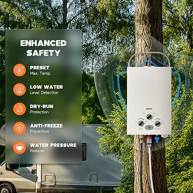 DARTMOOR LPG Portable Water Heater, Outdoor Tankless Propane Water Heater with Adjustable Flow & Showerhead, 1.6gpm Camping LPG Heater for Hot Water, Battery Powered Propane Shower Heater for Outdoor