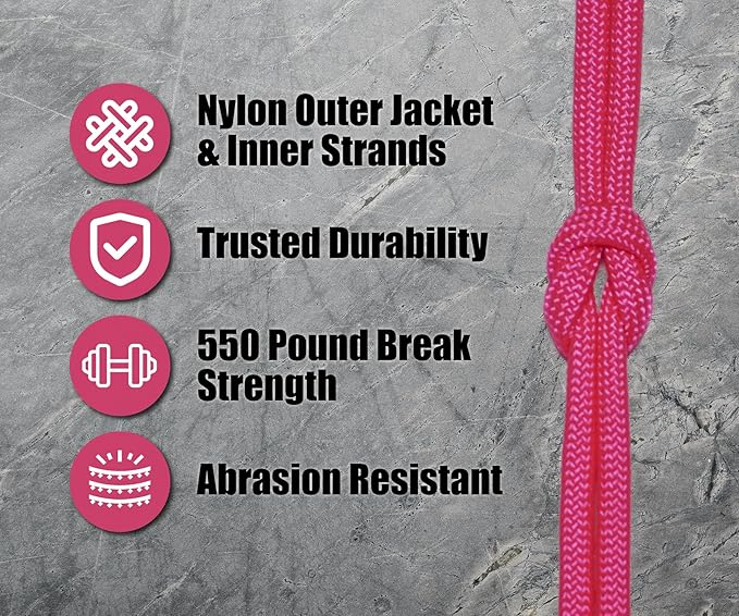 BORED? PARACORD! 550 lb Paracord - Ideal for Crafting, Camping, DIY Projects, Active & Military Outdoors - Strong Survival Rope - Tactical Parachute Cord Type III - Neon Pink 250 Feet