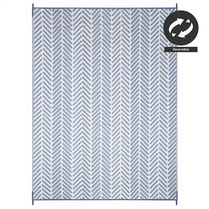 FH Home Outdoor Camping Rug - Waterproof, Fade Resistant, Reversible - Premium Recycled Plastic - Herringbone - Large Patio, Deck, Sunroom, RV - Fresno - Light Blue - 4 x 6 ft Foldable