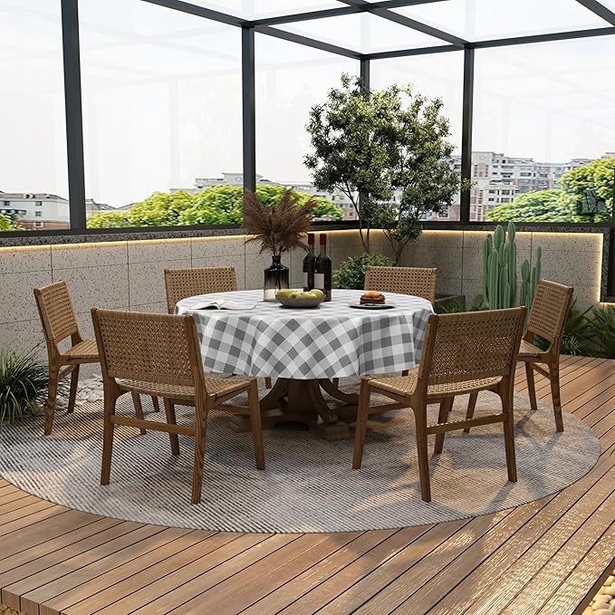 misaya Round Waterproof Vinyl Table Cloth, Buffalo Flannel Backed Tablecloth, Wipeable Plastic Table Cover for Dinner, Kitchen, Picnic (60", Grey and White)