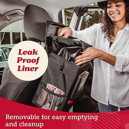 Lusso Gear Spill-Proof Car Trash Can (3.5 Gallon) - Easy to Clean Hanging Garbage Bin - Leak-Proof Lid, Removable Liner, Waterproof - Keeps Truck, SUV, Car, Minivan Clean & Odor Free (Tan)