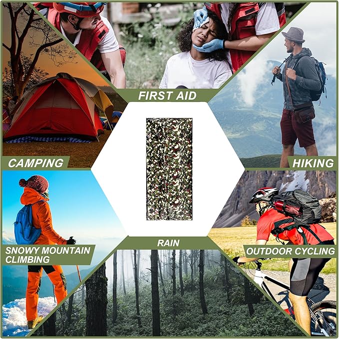 Preboun 10 Pcs Emergency Sleeping Bag Portable Lightweight Survival Bag Thermal Bivy Sack Waterproof Emergency Blanket Survival Gear for Outdoor Camping Hiking Homeless People Shelter (Camouflage)