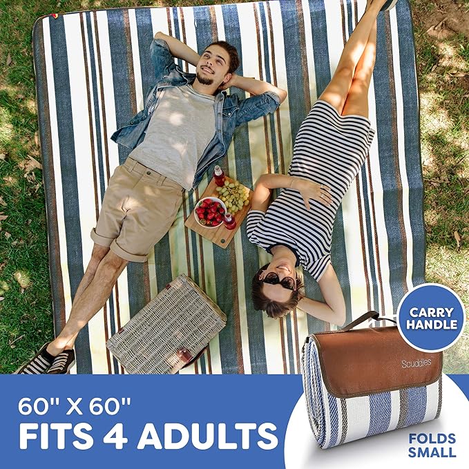 scuddles 60" x 60" Extra Large Outdoor Picnic Blanket – Waterproof, Foldable Travel Mat for Beach, Camping, Grass, Lawn, Park, Summers – Dual Layer, Soft Throw Rug Fits 4 Adults
