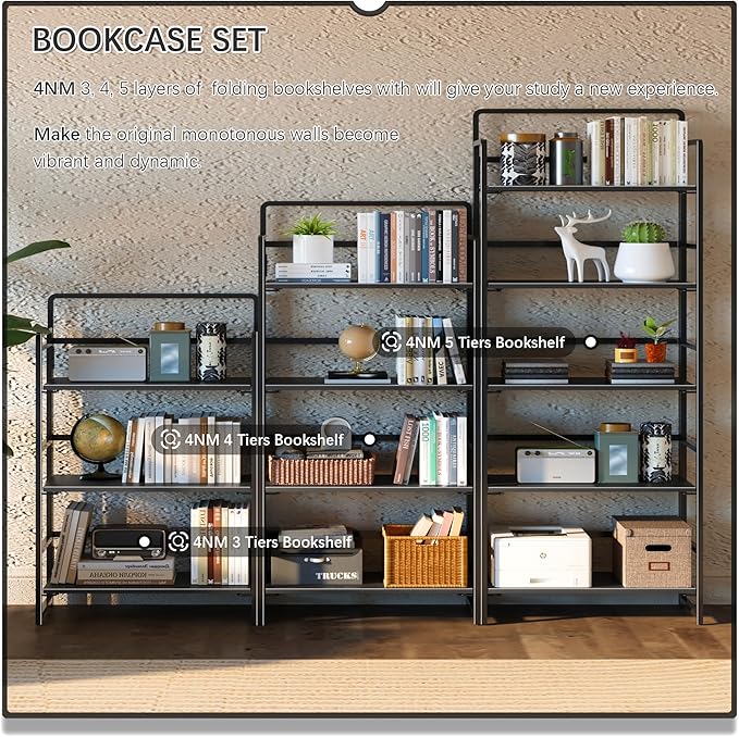 4NM No-Assembly 5 Tiers Folding Bookshelf Storage Shelves Vintage Bookcase Standing Racks Study Organizer Home Office (All Black)