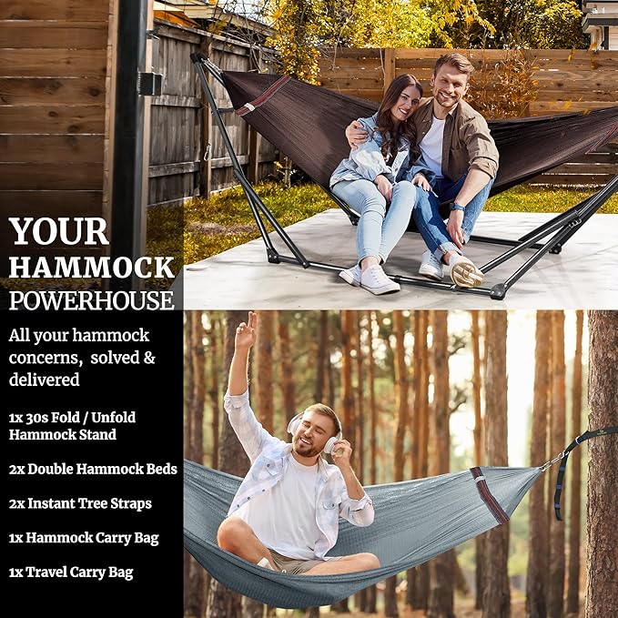 Tranquillo Combo x2 Hammocks with Stand for Outside & Tree Straps, Heavy Duty Hammock with Stand 600lbs for Indoor Outdoor Patio Backyard, x2 Hammocks for 2 Person, Portable Carrying Bags, Brown
