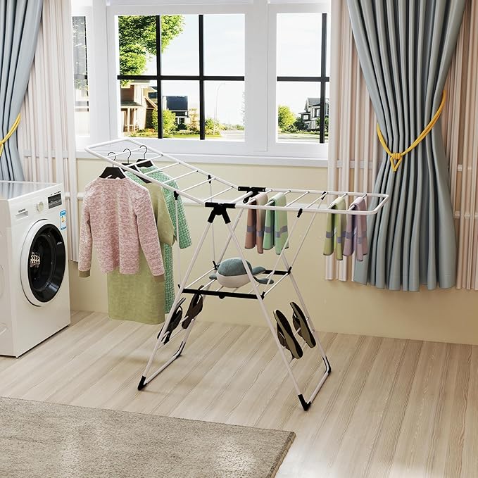 Tangkula Clothes Drying Rack, Collapsible Laundry Rack with Hanging Rods, Shoe Hangers, Adjustable Gullwing and Foldable Design for Space-Saving, Stainless Steel Clothing Shelf