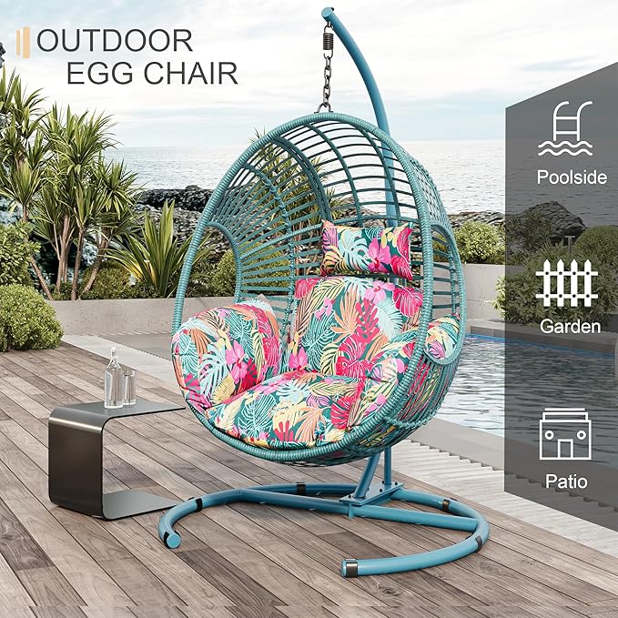 Oversized Hanging Egg Chair Outdoor Indoor, Wicker Swing Egg Chair with Stand 400lbs Capacity for Bedroom, Patio, Garden and Balcony (Hawaii Blue-Regular, Oversize)