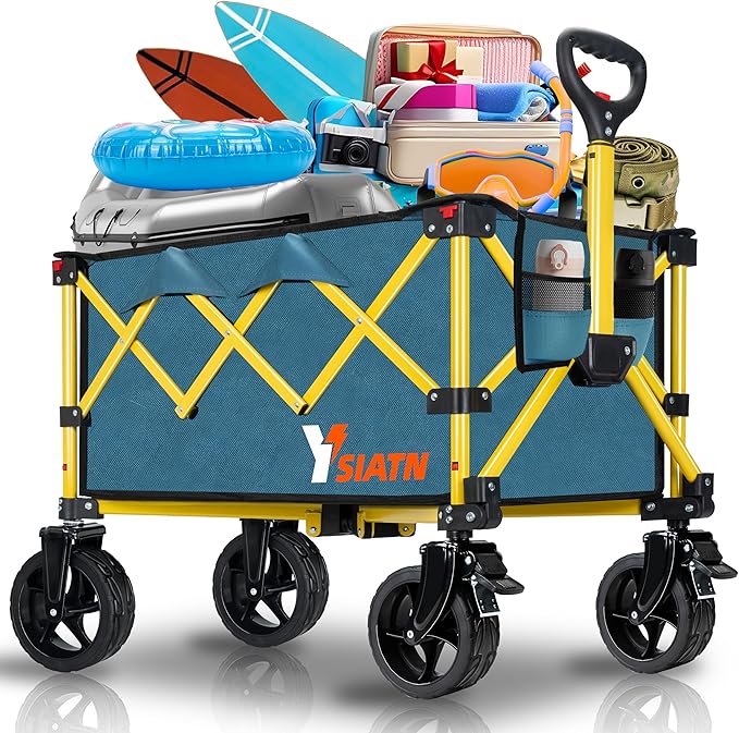 Collapsible Wagon Cart with Brake, Foldable Wagon Cart with All Terrain Wheels, Large Grocery Carts On Wheels, Heavy Duty Utility Wagons for Shopping Beach Sports Fishing Camping, 110L, Green