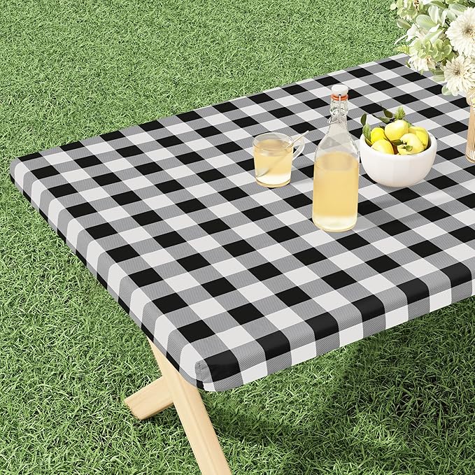 misaya Buffalo Rectangle Picnic Tablecloth, 8 Foot Elastic Fitted Vinyl Table Cloth with Flannel Backing, Waterproof Plaid Table Covers for Dining, Camping, Outdoor (Black and White, 30" x 96")