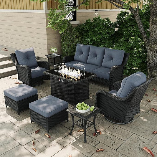 7 Pieces Outdoor Patio Furniture Sets with Rocking Swivel Chairs with 6-inch Thick Cushion and Fire Pit Table for Deck Lawn