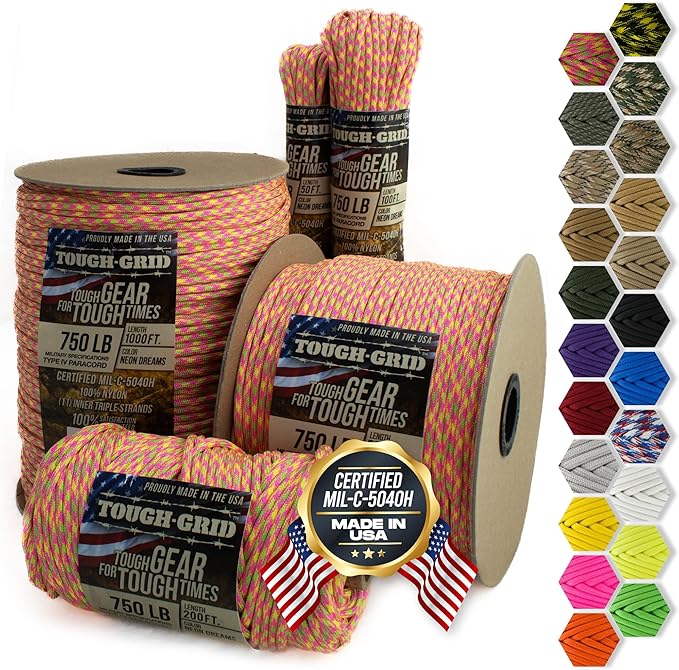 TOUGH-GRID Paracord Rope 750 lbs Nylon Parachute Cord, Made in USA Survival Kit, Outdoor Adventures, Camping, Tactical Gear & Emergency Supplies, Military Type IV Mil-Spec