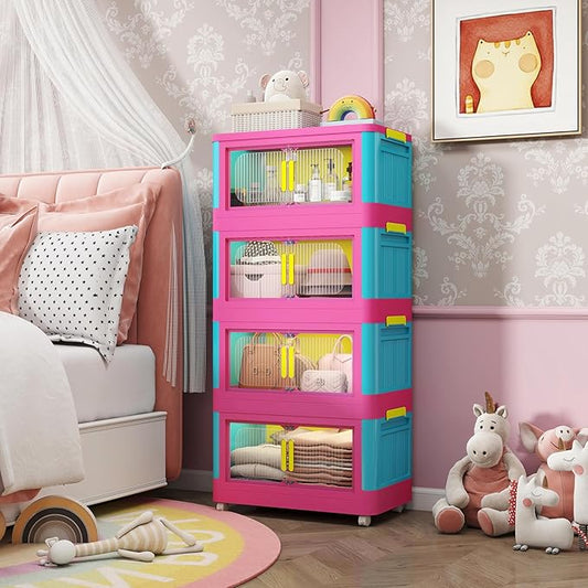 Holaki 156 QT Storage Bins with Lid, 4 Tiers Collapsible Closet Organizers, Stackable Plastic Storage Bins Cabinet Box with Wheels and Magnetic Door for Princess Room, Girl(Colorful)