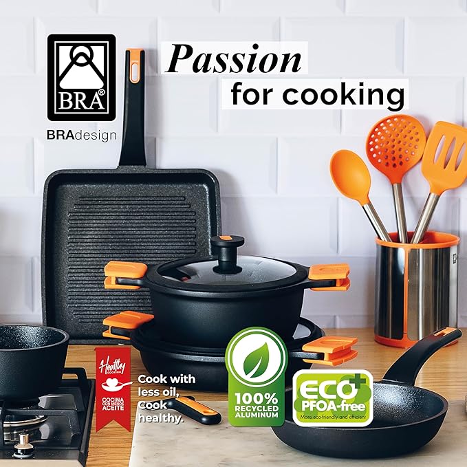 BRA COOKWARE Efficient Pro Frying Pan | 8 inches Cast Aluminum Frypan | Profile Plus Non-Stick | All Heat Sources Compatible | PFOA Free | Ergonomic Heat-Resistant Handle | Non Deformable