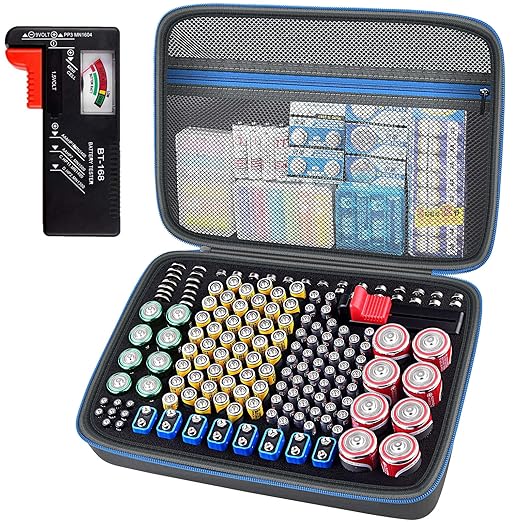 Battery Organizer Storage Holder Case Box with Tester Checker BT-168. Holds 225 Batteries AA AAA C D Cell 9V 3V Lithium (Blue)