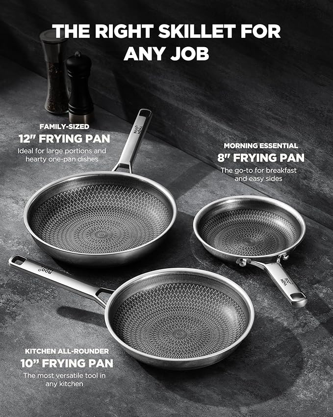 Nonstick Frying Pan Set, Non-Toxic Tri-Ply Hybrid Ceramic Skillet 3 Piece, 8, 10 & 12 Inch Stainless Steel Pans, PFAS/PFOA/PTFE Free, Metal Utensil Safe, Dishwasher & Oven Safe, Induction Compatible
