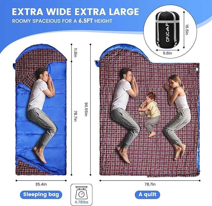 0 Degree Sleeping Bag for Cold Weather,100% Cotton Flannel XXL for Adults Big and Tall Cold Weather Winter Zero Degree Camping,Free Compression Sack