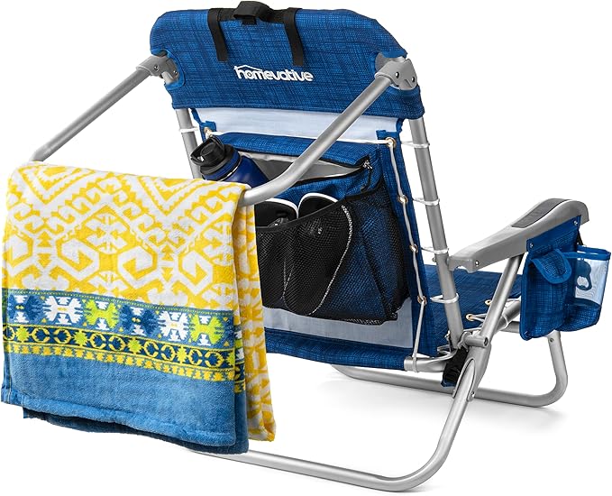 Homevative Backpack Fold-Up Beach Chair, 5 Positions, Towel bar, Cooler, Storage Pouch, Cup Holder and Phone Pocket