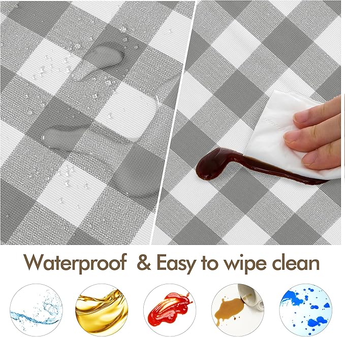 Fitable Round Vinyl Fitted Table Cover - 4 Pack Waterproof Checkered Elastic Edged Tablecloth Flannel Backed Table Cloth for Picnic Party, Silver/White (Fit for 45"-56" Round Tables)