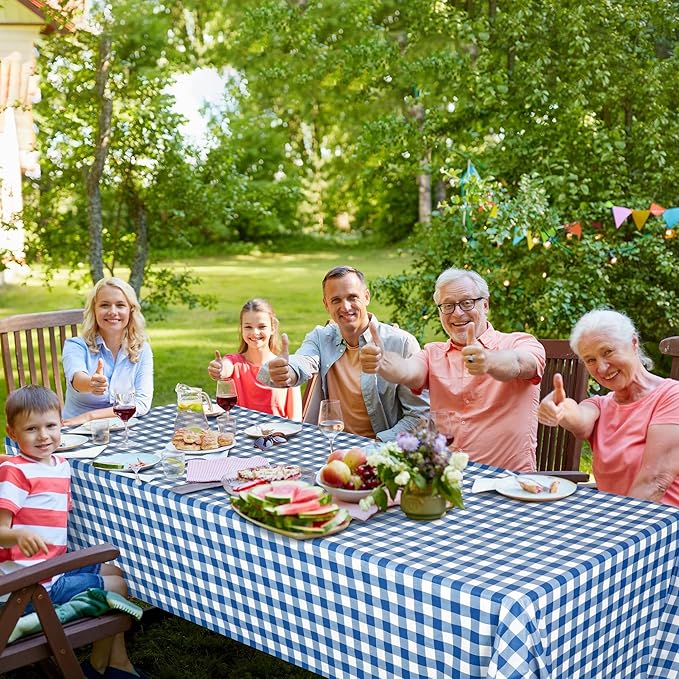 54 Inch x 300 Ft Blue Checkered Plastic Table Cloth Roll Disposable Waterproof Table Cover Plastic Table Cover Roll with Easy Slide Cutter for Outdoor Picnic/Home Dining/Spring Party