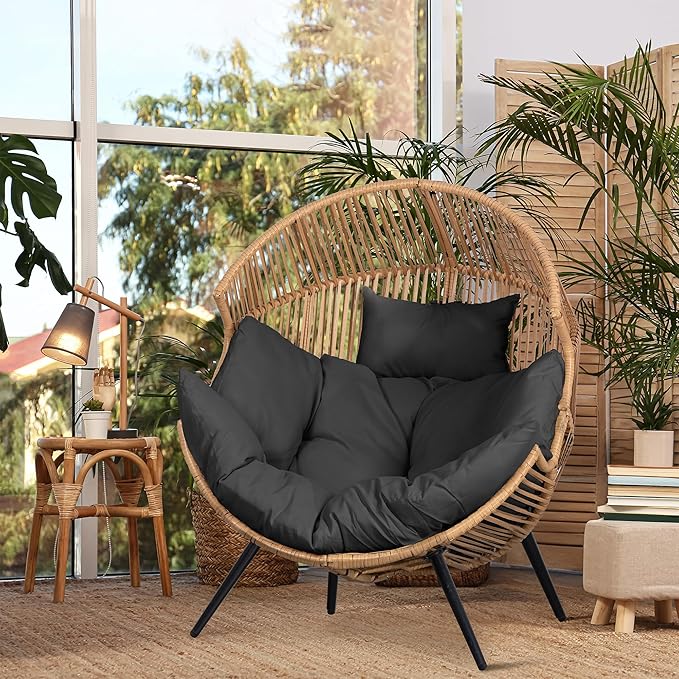 JAMFLY Egg Chair Wicker Outdoor Chairs, Oversized Patio Chair Oversized Lounger Chair with Cushion for Indoor Living Room, Bedroom, Outside Patio Backyard Balcony, Gray Cushion