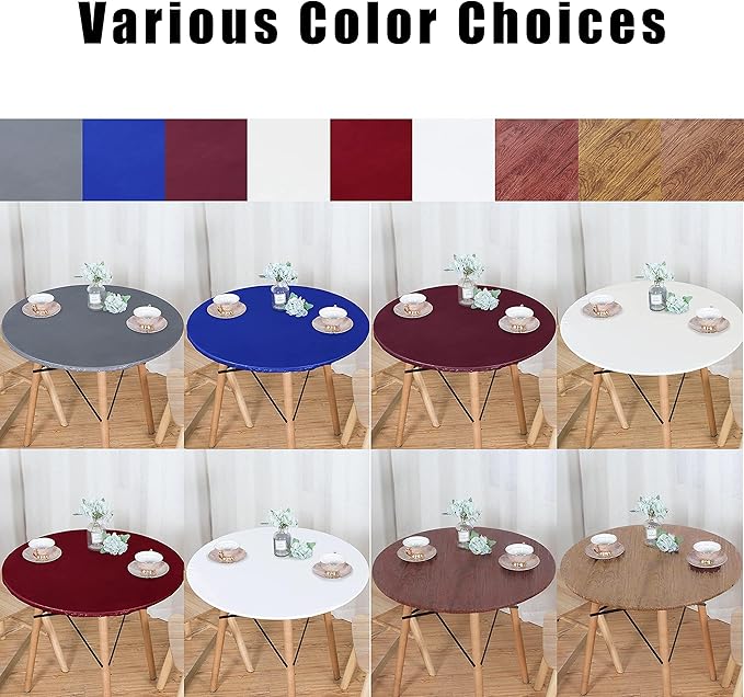 LUSHVIDA Round Waterproof Table Cover Elastic Vinyl Fitted Tablecloth Elastic Edged Plastic Table Cloth Fits Tables up to 45"-56" R Oak