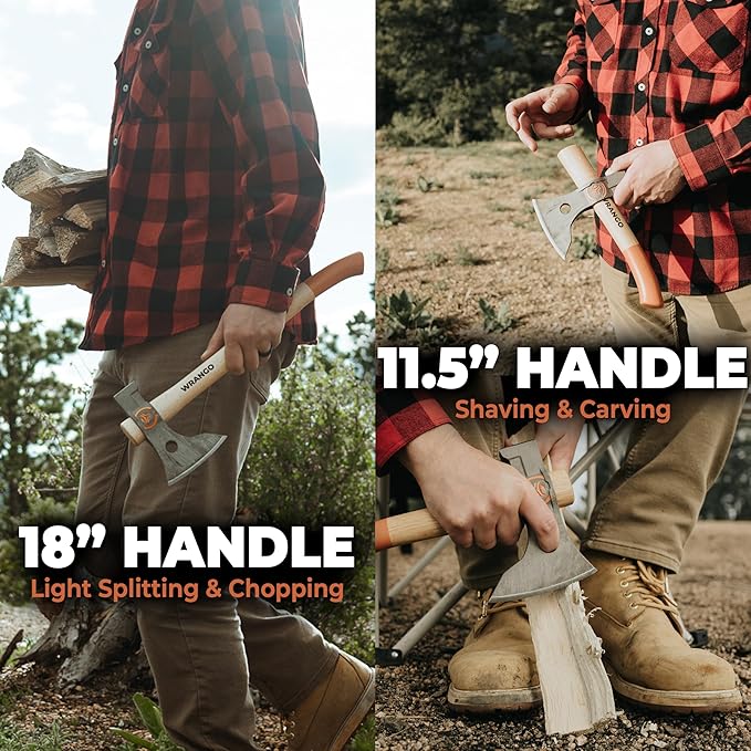 Wrangler Tools - Titanium Camping Axe - 18" & 11.5" Wood Hickory Handles - Tomahawk Axe Hammer End - 2-Piece Slip-Fit Design - Includes Blade Sheath and 2 Handles - Survival Axe