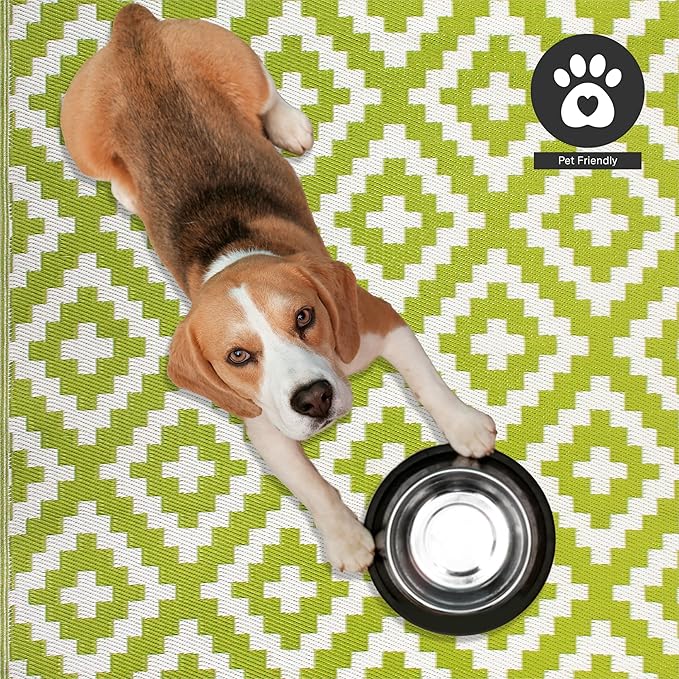 FH Home Outdoor Rug - Waterproof, Fade Resistant, Reversible - Premium Recycled Plastic - Geometric - Porch, Deck, Balcony, Mudroom, Laundry Room, Patio - Aztec - Green & White Crease Free - 3 x 5 ft