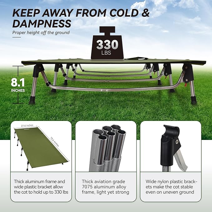 MARCHWAY Lightweight Folding Tent Camping Cot Bed with Lever Lock, Easy Setup Portable Compact for Outdoor Travel, Hunting, Hiking, Motorcycling, Support 330Lbs (Army Green)