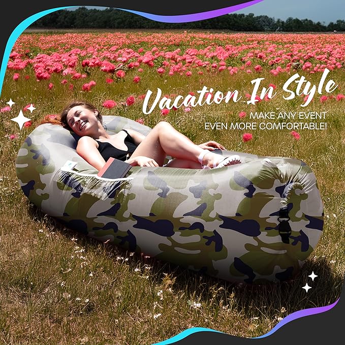 Nevlers Inflatable Lounger | 210T Polyester Inflatable Chair | No-Pump Blow Up Couch | Camping Couch Air Sofa Bed w/ 450 lbs. Cap., Pockets & Matching Bag | Use as Inflatable Couch for Adults & Kids