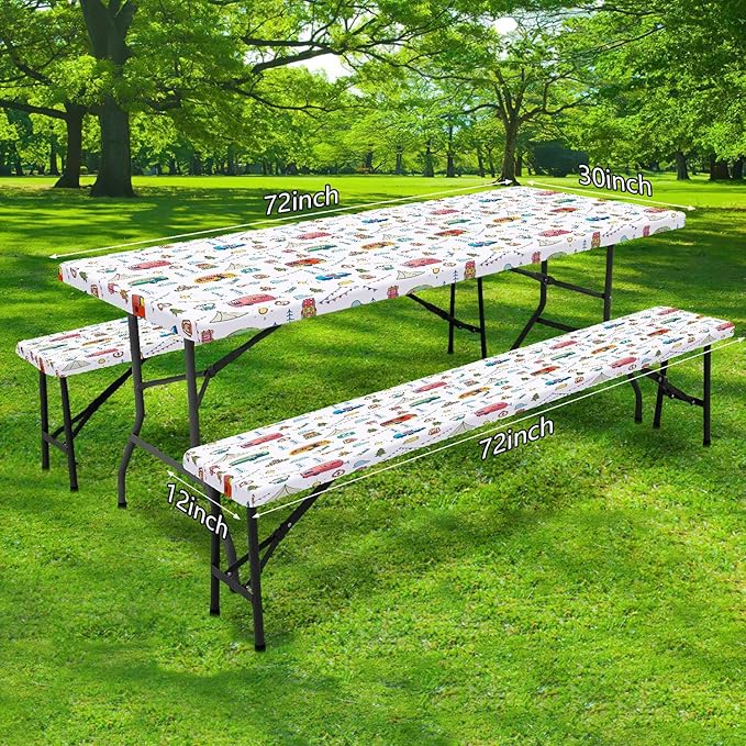 Picnic Table Cover with Bench Covers, Colorful Cartoon Camping Icons Elastic Edges, Waterproof Windproof Fitted Tablecloth, for Outdoor Camping Patio Garden, Includes Drawstring Bag, 96 in