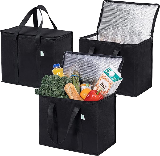 VENO 3 Pack Insulated Reusable Grocery Shopping Bag, Food Delivery, Cooler Bag, Heavy Duty, Large Size, Durable Handles, Dual Tab Zips, Lid, Stands Upright, Collapsible, Sustainable (Black, 3 Pack)