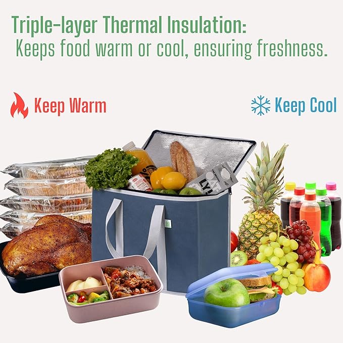 VENO 3 Pack Cooler Bag Insulated Reusable Grocery Shopping Bag, Food Delivery, Heavy Duty, Large Size, Durable Handles, Double Zippers, Lid, Collapsible (Dark Blue, 3 Pack)