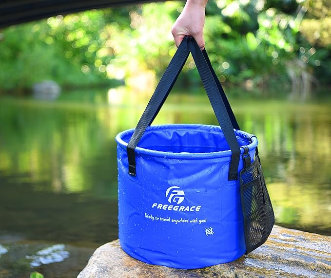 Premium Collapsible Bucket by Freegrace - Compact Portable Folding Water Container - Lightweight & Durable - Includes Handy Tool Mesh Pocket