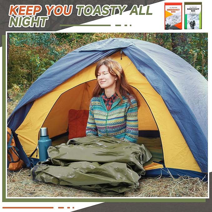 Preboun 70 Pcs Emergency Sleeping Bag Portable Lightweight Survival Bag Thermal Bivy Sack Waterproof Emergency Blanket Survival Gear for Outdoor Camping Hiking Homeless People Shelter (Orange,Green)