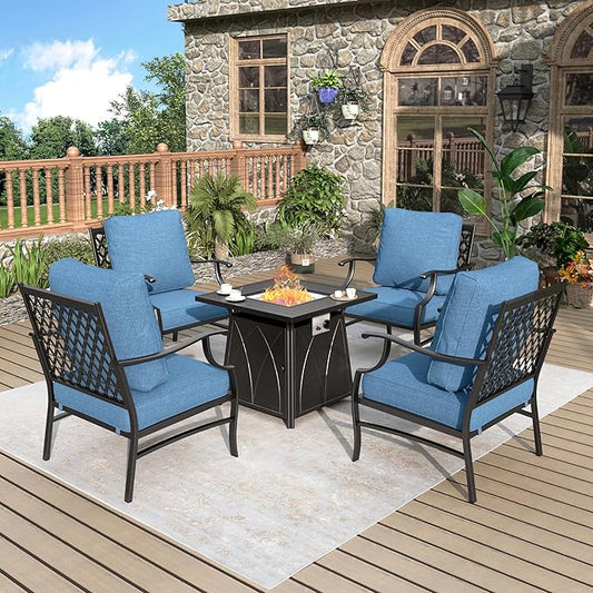 Patio Furniture Set with Fire Pit Table, 5 Pcs Metal Outdoor Conversation Set, 4 Single Chairs with 5.75" Extra Thick Cushion and 28" Fire Pit Table for Backyard Deck, Navy Blue