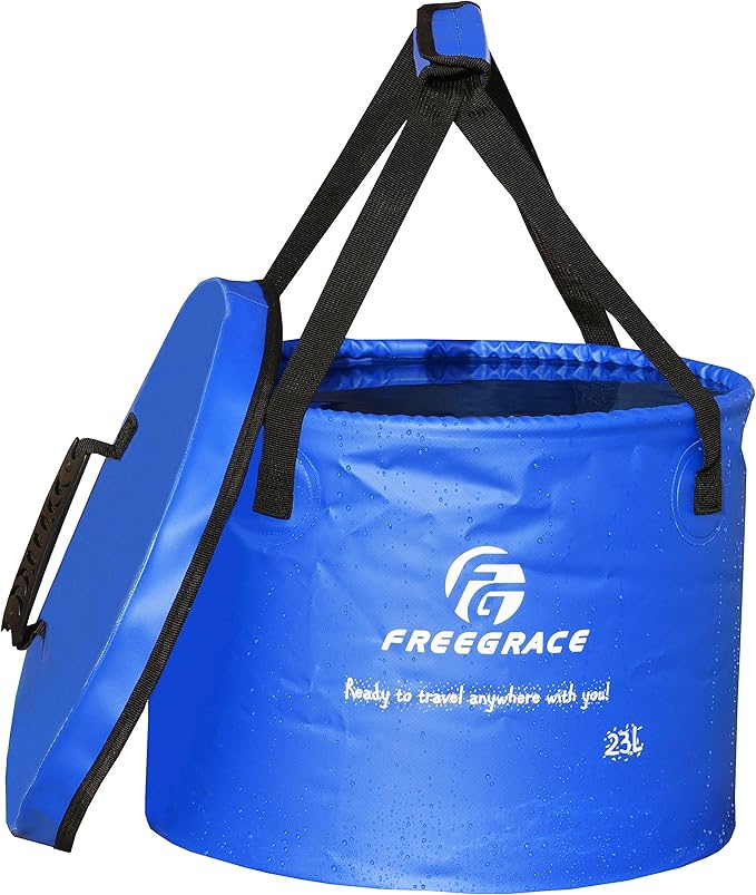Premium Collapsible Bucket by Freegrace - Compact Portable Folding Water Container - Lightweight & Durable - Includes Handy Tool Mesh Pocket