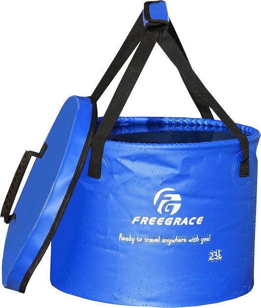 Premium Collapsible Bucket by Freegrace - Compact Portable Folding Water Container - Lightweight & Durable - Includes Handy Tool Mesh Pocket