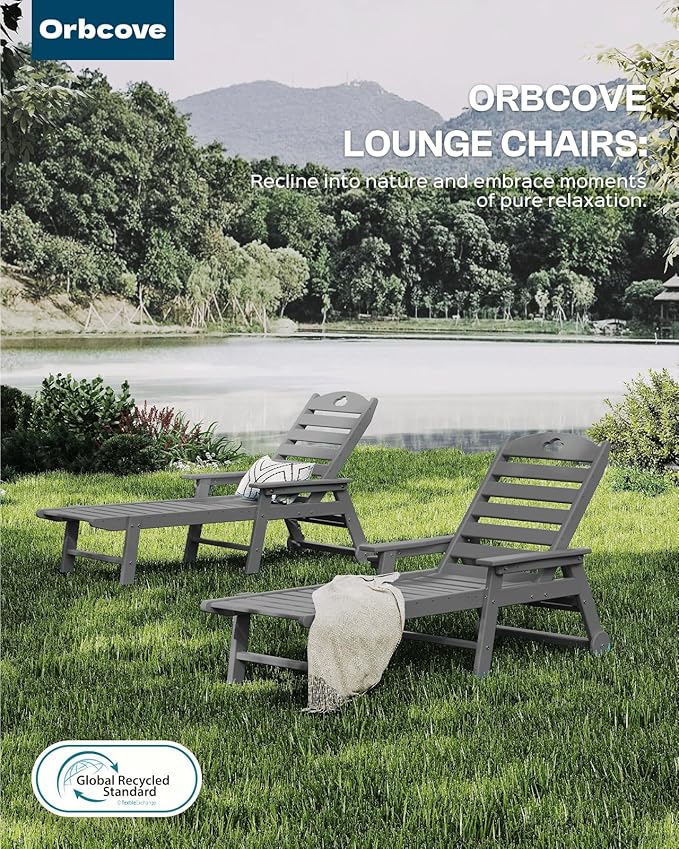 Oversized Chaise Lounge Chair Outdoor with Wheels & Cup Holder, 6-Position Adjustable HDPE Patio Lounge Chair for Poolside, Garden, Deck & Lawn (Grey, 2-Piece)