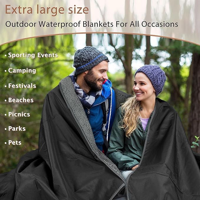 Tirrinia Waterproof Outdoor Blanket with Sherpa Lining, Windproof Triple Layers Warm Comfy Foldable for Camping Stadium, Beach, Picnic, Grass, Concerts, Car, Dog, 51''X 59'' & 59''X 80''