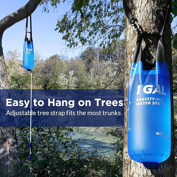 Membrane Solutions Gravity Water Filter 1 Gallon, NSF/ANSI 42&372&401 Certified, 0.1μm Versatile Water Purifier Camping with Adjustable Tree Strap Storage Bag, Survival Gear for Emergency Preparedness